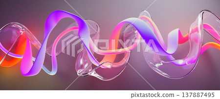 Liquid glass transparent wave ribbon with color gradient flowing lines 3d background. Abstract streams of crystal clear water, vibrant neon glow acrylic paint. Music horizontal banner. 3D illustration 137887495