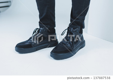 Men's casual shoes in black color made of genuine leather, men on shoes in black lace shoes. High quality photo Men's casual shoes in black color made of genuine leather, men on shoes in black lace shoes. High quality photo 137887538