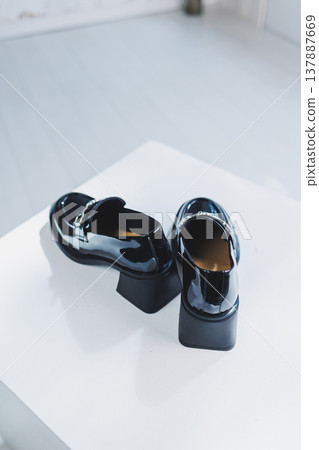 Women's leather shoes with a massive heel. Black autumn shoes for women on a white background. Women's leather shoes with a massive heel. Black autumn shoes for women on a white background. 137887669