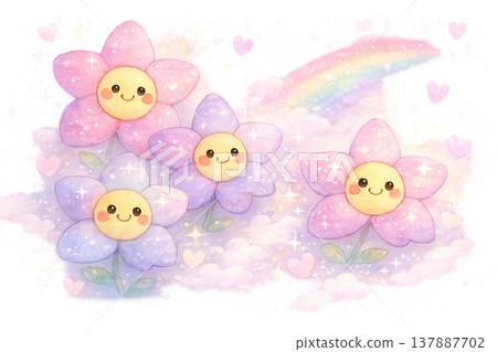 一幅描繪閃閃發光的微笑花朵的童話插圖。 一幅描繪閃閃發光的微笑花朵的童話插圖。 137887702