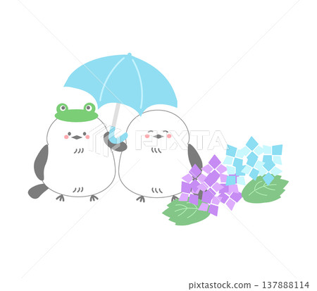 一幅可愛的插圖,描繪了兩隻長尾山雀在雨季撐著傘欣賞繡球花的情景。 一幅可愛的插圖,描繪了兩隻長尾山雀在雨季撐著傘欣賞繡球花的情景。 137888114