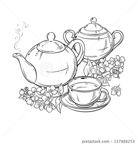 Jasmine Tea in Teapot Outline Illustration. Jasmine Tea in Teapot Outline Illustration. 137888253