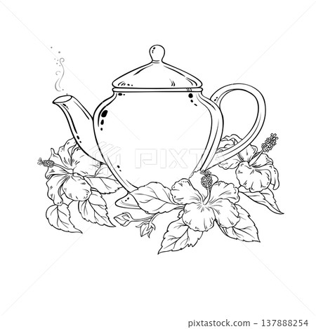 Hibiscus Tea in Teapot Outline Illustration. 137888254