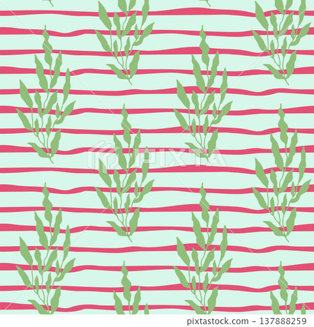 Green Botanical Leaf Pink Stripe Pattern 137888259