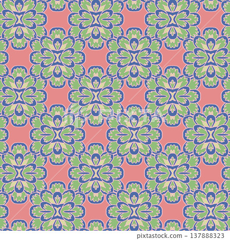 Symmetrical Folk Floral Bloom Tile Pattern 137888323