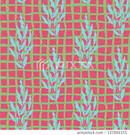 Abstract Blue Leaves Red Grid Pattern 137888355