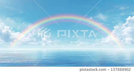 夏日蔚藍的天空和大海上空出現一道巨大的彩虹 | 帶有文字空間的奇幻背景插圖。 夏日蔚藍的天空和大海上空出現一道巨大的彩虹 | 帶有文字空間的奇幻背景插圖。 137888902