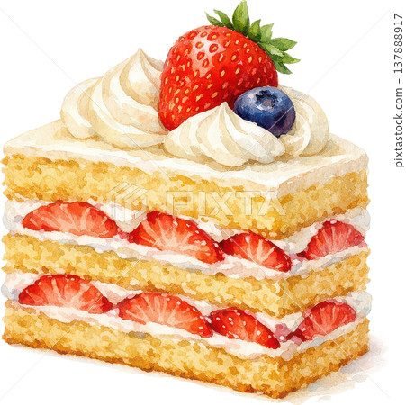 白色背景上，一塊看起來很美味的水彩風格草莓蛋糕切片。 137888917