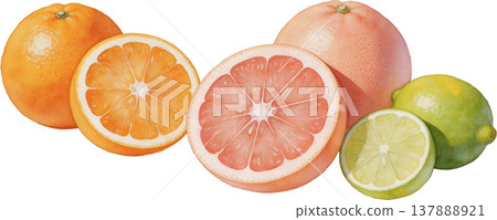 新鮮柑橘類水果：橙子、葡萄柚和青檸的橫截面和整體圖片。 137888921