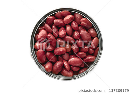 Canned red beans, taken close-up from above in an open tin can, isolate on a white background. Minimalism and geometry - The perfect circle of a tin can on a pure white background creates a strict Canned red beans, taken close-up from above in an open tin can, isolate on a white background. Minimalism and geometry - The perfect circle of a tin can on a pure white background creates a strict 137889179