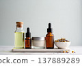 natural organic cosmetics on a white wooden table 137889289