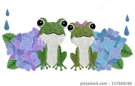 【青蛙夫婦與繡球花】手工刺繡插畫素材 137889290