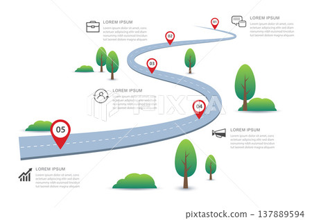 Infographic pathway to success business strategy planning 5 navigation pins. Infographic pathway to success business strategy planning 5 navigation pins. 137889594