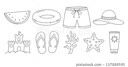 Summer beach outline icons and vacation elements in doodle hand drawn style. Summer beach outline icons and vacation elements in doodle hand drawn style. 137889595