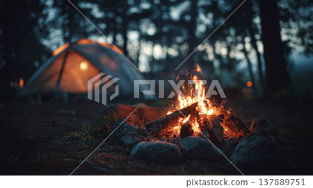 夜晚,營火閃爍,隱約可見一頂帳篷 | 戶外背景,留有文字空間 夜晚,營火閃爍,隱約可見一頂帳篷 | 戶外背景,留有文字空間 137889751