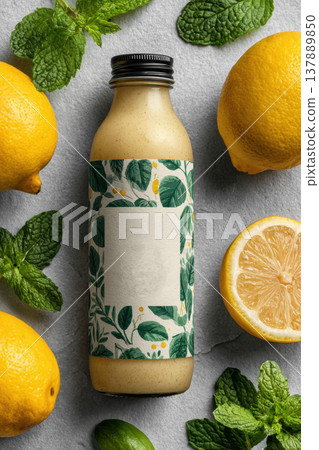 A mockup of a glass bottle with an unlabeled design surrounded by refreshing lemons and herbs. Vertical image 137889850