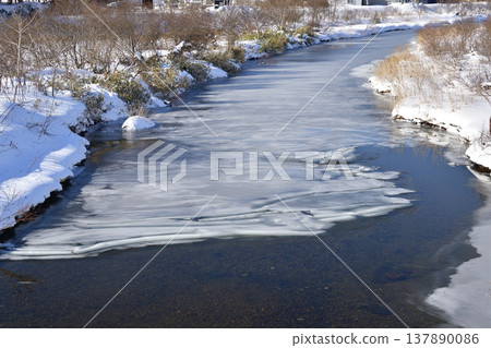 這是北海道乙部町早春時節，姬川河冰雪開始融化的照片。 137890086