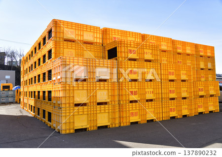 A photograph of fish boxes at Otobe Fishing Port in Yakumo Town, Hokkaido, in spring. A photograph of fish boxes at Otobe Fishing Port in Yakumo Town, Hokkaido, in spring. 137890232