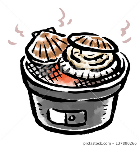Scallops grilled on a charcoal grill - hand-drawn illustration with a brushstroke touch Scallops grilled on a charcoal grill - hand-drawn illustration with a brushstroke touch 137890266
