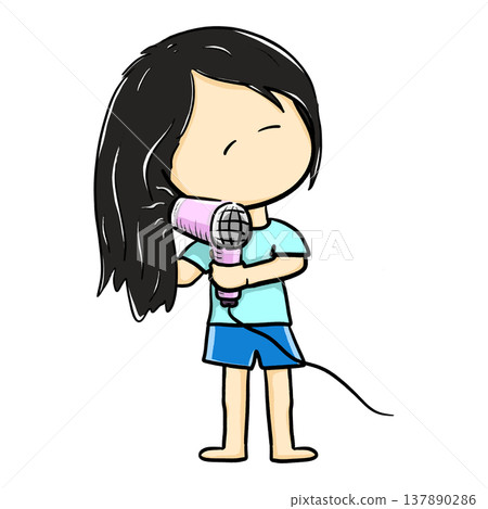 Little girl standing and drying her long hair cartoon illustration 137890286