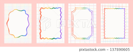 Pastel rainbow pride frame and card set. Retro hand-drawn grid and gradient borders with blank white copy space. Funky aesthetic for invitation templates, cards, social media. Vector illustration. Pastel rainbow pride frame and card set. Retro hand-drawn grid and gradient borders with blank white copy space. Funky aesthetic for invitation templates, cards, social media. Vector illustration. 137890605