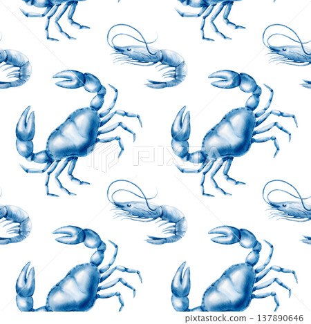 Solitary crab and shrimp in delicate blue watercolor monochrome seamless pattern.Hand drawn illustration for marine themes,coastal designs,restaurant menu,wrapping paper Solitary crab and shrimp in delicate blue watercolor monochrome seamless pattern.Hand drawn illustration for marine themes,coastal designs,restaurant menu,wrapping paper 137890646