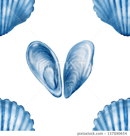 Delicate ribbed seashell,mussel shells in monochrome seamless pattern,hand drawn illustration in soft blue watercolor with subtle texture.For coastal themes,ocean inspired design,restaurant Delicate ribbed seashell,mussel shells in monochrome seamless pattern,hand drawn illustration in soft blue watercolor with subtle texture.For coastal themes,ocean inspired design,restaurant 137890654