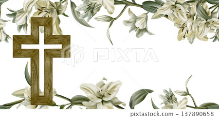 Vintage white lily branches with wooden cross,arranged in a vertical template for religious ceremonies.Soft watercolor with muted tones for First Communion,baptism,wedding or memorial cards 137890658