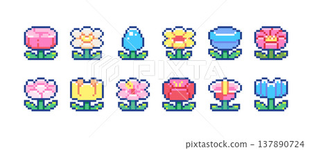 Pixel Art Flowers Set. Retro 8 Bit Floral Icon Pack with Tulip, Rose, Daisy, Bellflower, Lupine, Peony, Hibiscus, Poppy, Daffodil and Aster Vector Illustration for Game Assets, UI and Sticke Pixel Art Flowers Set. Retro 8 Bit Floral Icon Pack with Tulip, Rose, Daisy, Bellflower, Lupine, Peony, Hibiscus, Poppy, Daffodil and Aster Vector Illustration for Game Assets, UI and Sticke 137890724