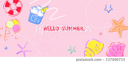 Hello Summer Banner With Ice Cream and Beach Decor. Summer Background with seashells Hello Summer Banner With Ice Cream and Beach Decor. Summer Background with seashells 137890733