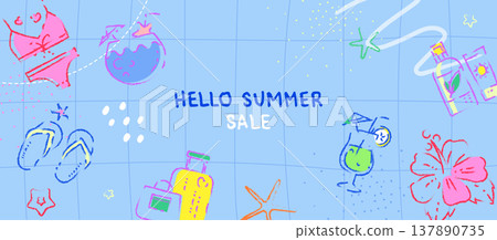 Hello Summer Sale Banner with Beach Accessories 137890735