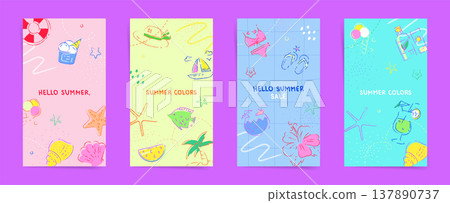 Vertical Summer Stories Banner Set with Tropical Doodles 137890737