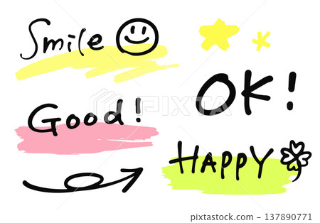 Highlighter and handwritten English letters. Smile, Good, OK, HAPPY. Arrows, clover, smile. 137890771