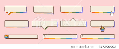 Retro computer UI search bar and speech bubble set with rainbow pride gradients. Nostalgic y2k internet browser elements, message boxes, and text fields for inclusive LGBTQ digital design. Vector. Retro computer UI search bar and speech bubble set with rainbow pride gradients. Nostalgic y2k internet browser elements, message boxes, and text fields for inclusive LGBTQ digital design. Vector. 137890908