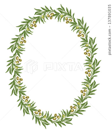 Oval wreath of olive tree branch vector illustration. Hand drawn frame with leaves and twig in botanical style. Green floral element for menu template. Perfect for logo design and product packaging. Oval wreath of olive tree branch vector illustration. Hand drawn frame with leaves and twig in botanical style. Green floral element for menu template. Perfect for logo design and product packaging. 137891035