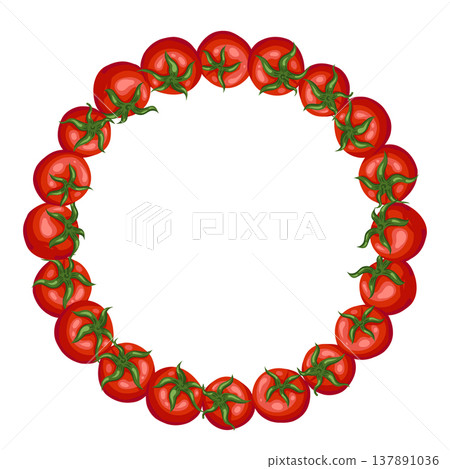 Tomato cherry round frame vector food illustration. Hand drawn wreath with whole fruit in simplicity style. Organic farm ingredient for restaurant menu design. Perfect for product packaging template. Tomato cherry round frame vector food illustration. Hand drawn wreath with whole fruit in simplicity style. Organic farm ingredient for restaurant menu design. Perfect for product packaging template. 137891036