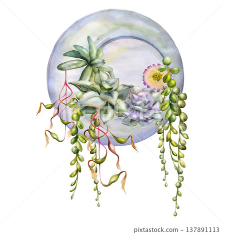 Rosette succulent plants, trailing tropical vines hanging in glass orb bubble terrarium. Isolated illustration hand drawn in watercolor. Yoga studio branding, eco lifestyle blogs, modern invitations. Rosette succulent plants, trailing tropical vines hanging in glass orb bubble terrarium. Isolated illustration hand drawn in watercolor. Yoga studio branding, eco lifestyle blogs, modern invitations. 137891113