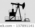 Black silhouette of an oil pumping jack. Vector image of an oil pumping station. 137891141