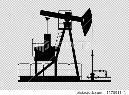 Black silhouette of an oil pumping jack. Vector image of an oil pumping station. 137891141