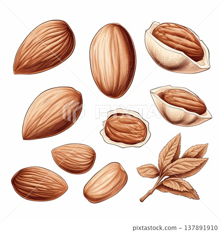 Detailed Almond Illustration Artistic Depiction of Nuts and Leaves for Healthy Lifestyle Designs. 137891910