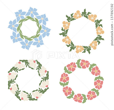 Pastel Floral Wreaths Set. Botanical Round Frames with Retro Groovy Flower in trendy naive retro hippie 60s 70s with Empty Copy Space. Isolated Vector illustration on white background Pastel Floral Wreaths Set. Botanical Round Frames with Retro Groovy Flower in trendy naive retro hippie 60s 70s with Empty Copy Space. Isolated Vector illustration on white background 137892192