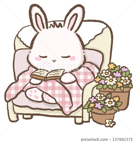 Cute bunny reading book on cozy armchair with blanket and flowers cottagecore reading nook illustration pastel bunny clipart for planners 137892375