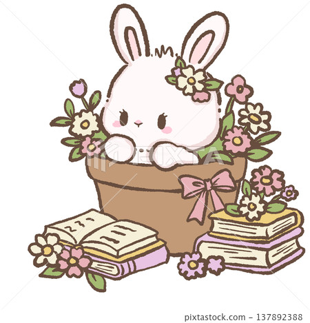 Cute bunny sitting inside flower pot surrounded by books and flowers cottagecore bookish garden illustration pastel bunny clipart for stickers 137892388