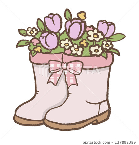 Cute spring rain boots filled with tulips and flowers cottagecore garden illustration pastel floral boot clipart for stickers invitations planners 137892389