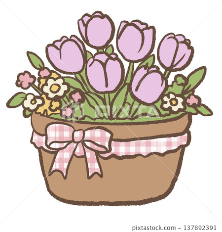 Rustic basket filled with blooming tulips and spring flowers cottagecore garden illustration pastel floral basket clipart for invitations stickers 137892391