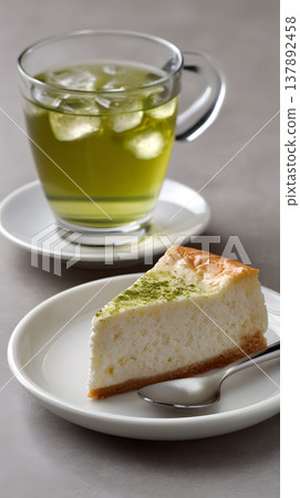 Green tea iced drink glass cup matcha powder cheesecake slice dessert plate silver spoon sweet snack cafe style soft focus background Refreshing green tea iced drink glass cup with ice cube beside 137892458