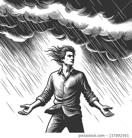 Man Standing Under Heavy Storm Rain vector 137892561
