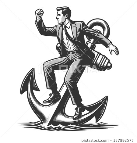 Businessman Balancing on Anchor in Rough Sea 137892575