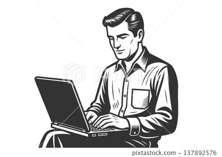 Man Working on Laptop Focused Remote Work raster 137892576