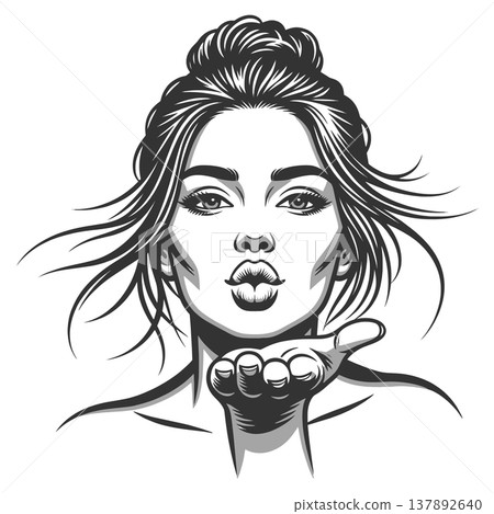 Beautiful Woman Blowing Kiss engraving vector Beautiful Woman Blowing Kiss engraving vector 137892640